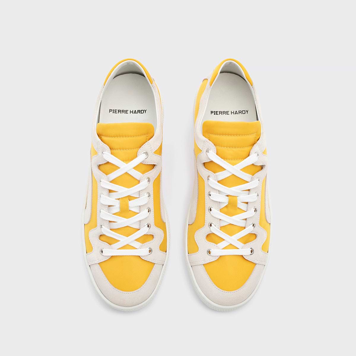 Pierre Hardy BASKETS ALPHA - HOMME, toile de nylon jaune et cuir de veau velours blanc, vue 3