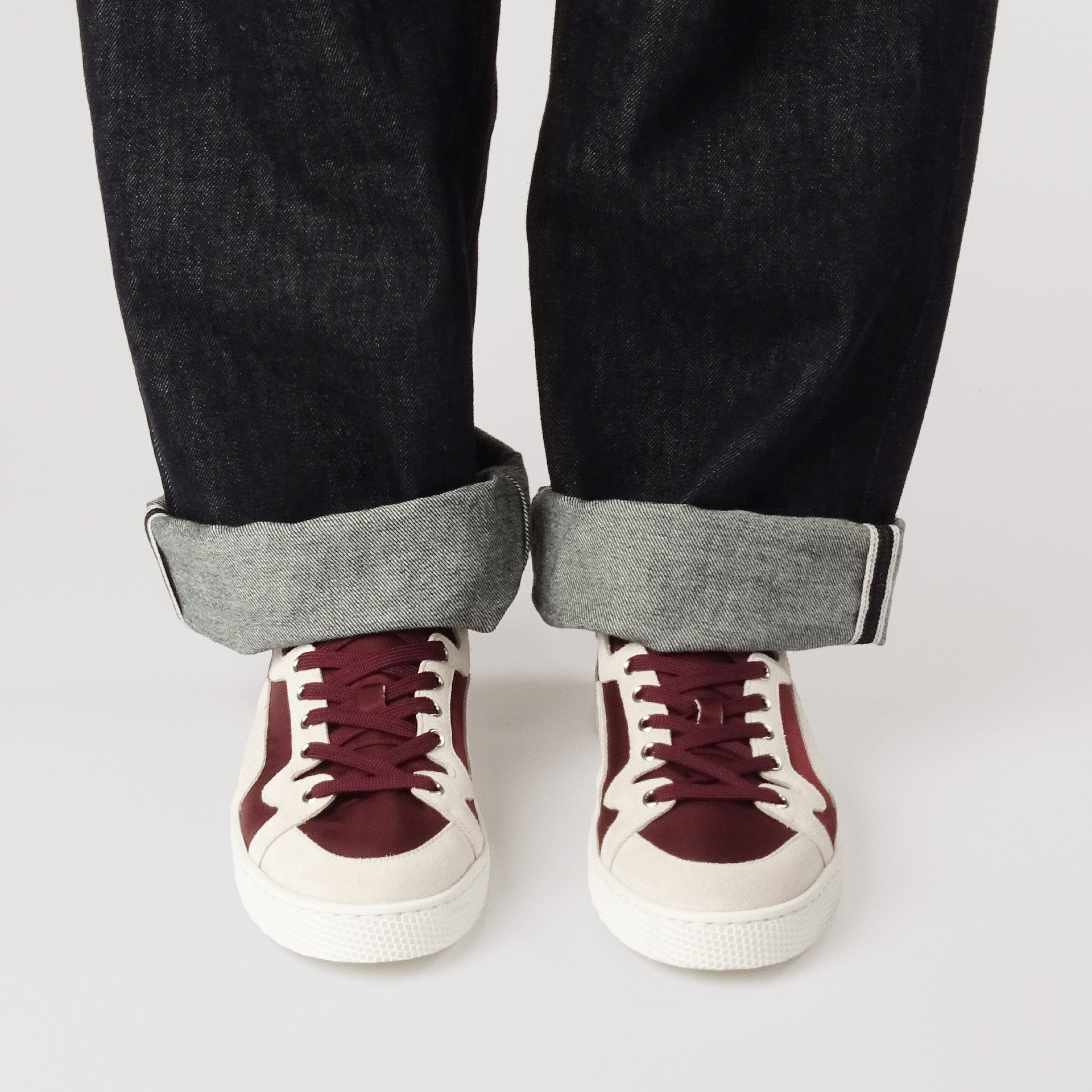 Pierre Hardy BASKETS ALPHA - HOMME, toile de nylon bordeaux et cuir de veau velours blanc, vue 4