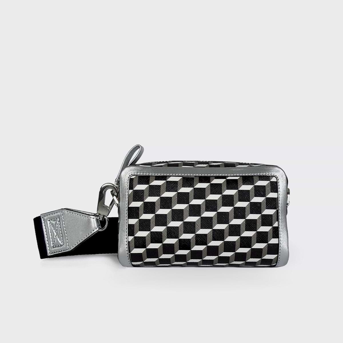 Pierre Hardy SAC CUBE BOX, toile enduite cube perspective noir & blanc et cuir d'agneau argenté