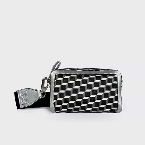 Pierre Hardy SAC CUBE BOX, toile enduite cube perspective noir & blanc et cuir d'agneau argenté