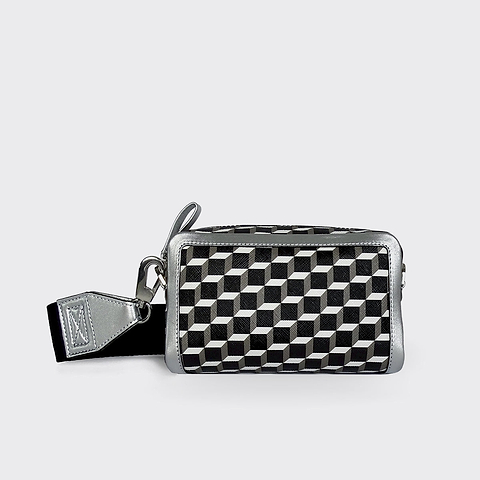 Pierre Hardy SAC CUBE BOX, toile enduite cube perspective noir & blanc et cuir d'agneau argenté