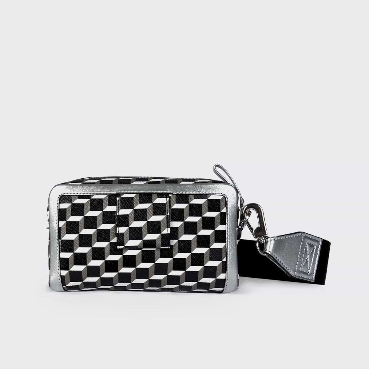 Pierre Hardy SAC CUBE BOX, toile enduite cube perspective noir & blanc et cuir d'agneau argenté, vue 4