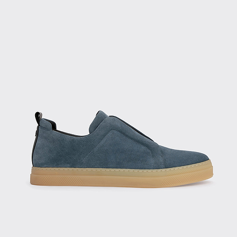 Pierre Hardy BASKETS SLIDER, veau velours bleu denim et cuir de veau noir