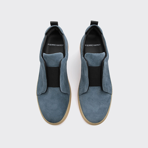 Pierre Hardy BASKETS SLIDER, veau velours bleu denim et cuir de veau noir, vue 2