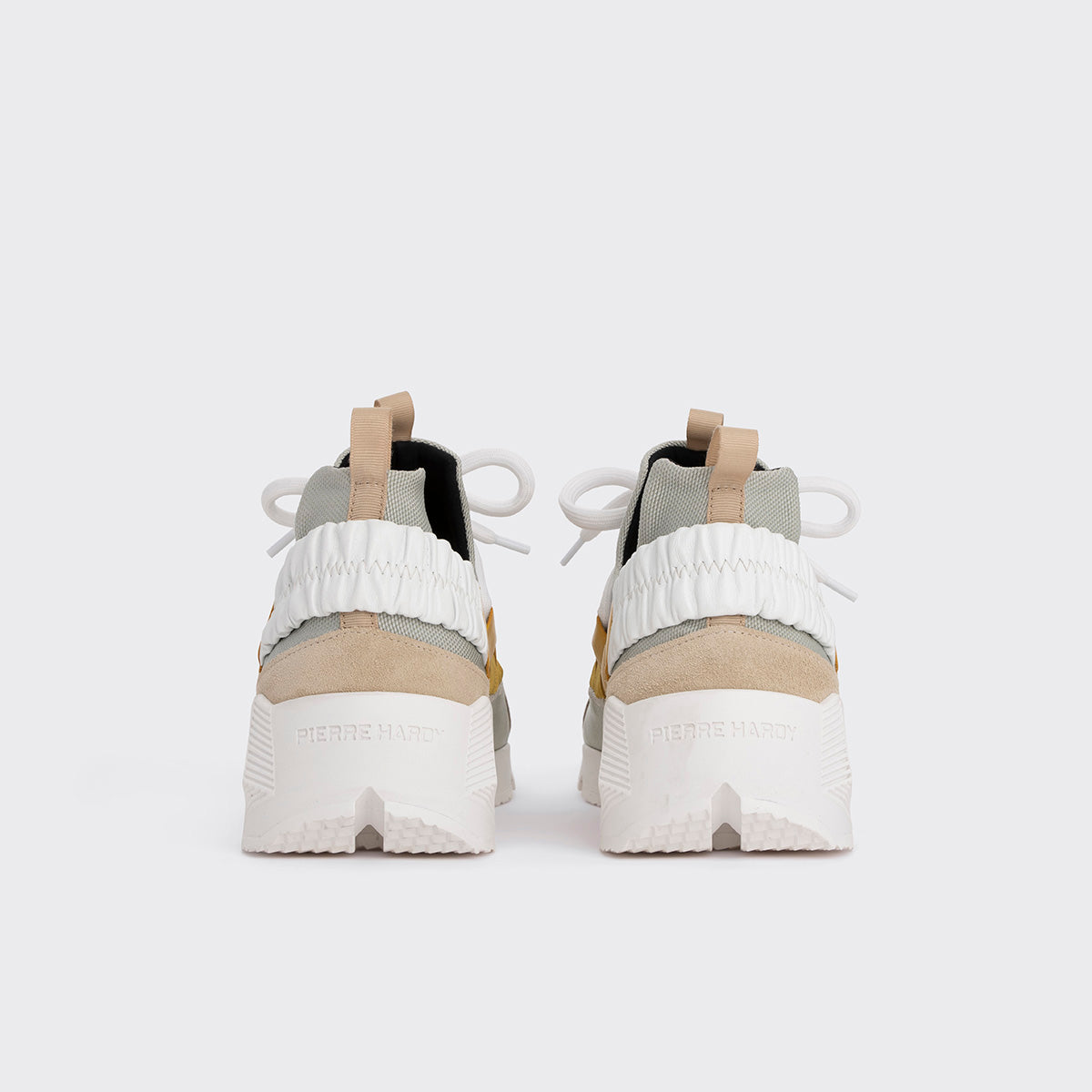 Pierre Hardy TREK COMET SNEAKERS, toile de nylon gris, cuir de veau blanc & jaune et veau velours beige, vue 9