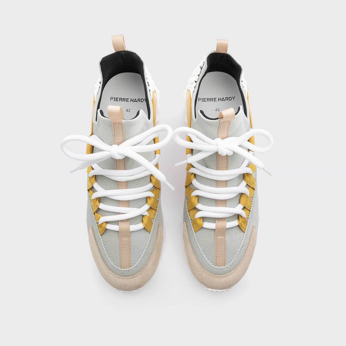 Pierre Hardy TREK COMET SNEAKERS, toile de nylon gris, cuir de veau blanc & jaune et veau velours beige, vue 3