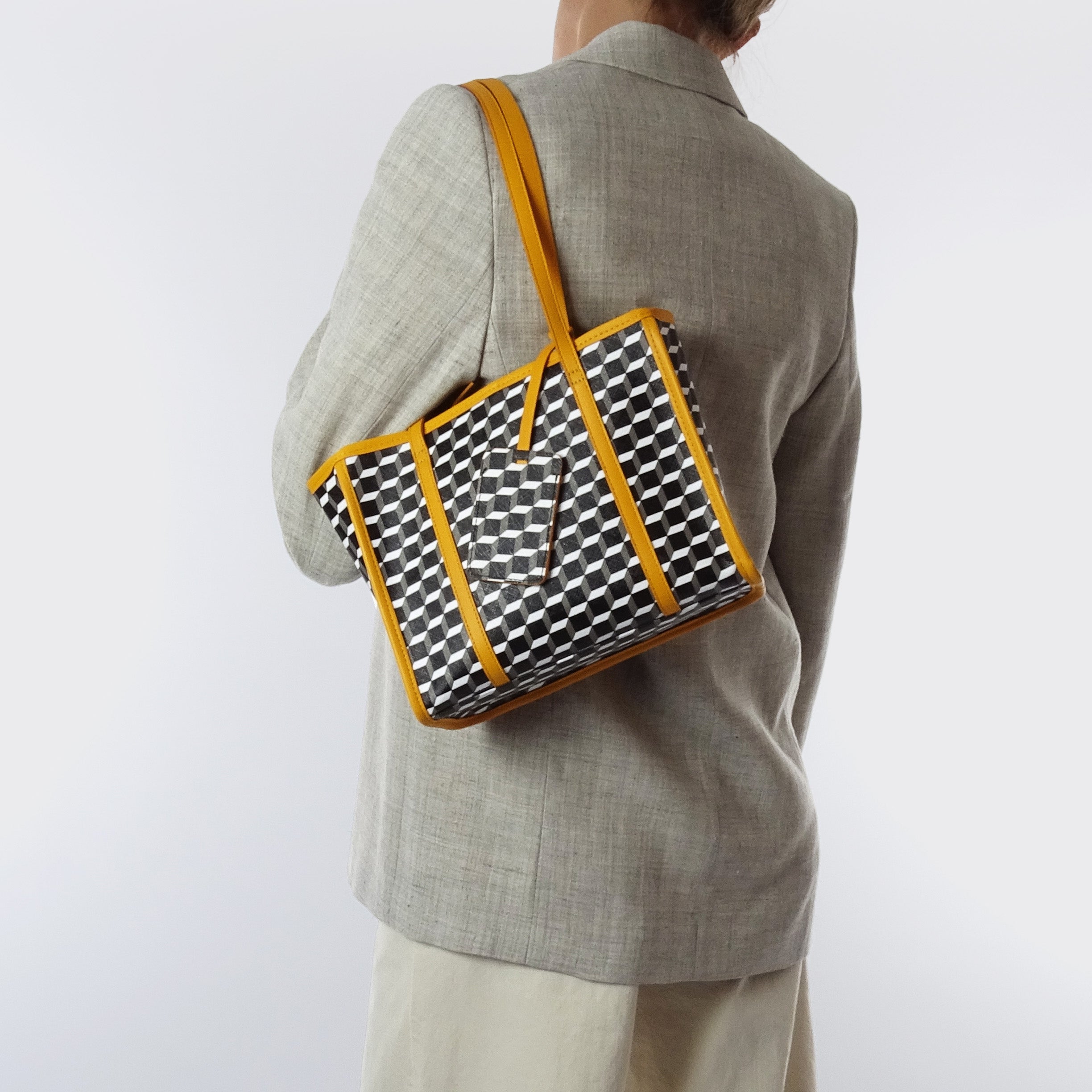 Pierre Hardy MINI CAB TOTE, cube perspective coated canvas and sun lambskin trims, vue 3