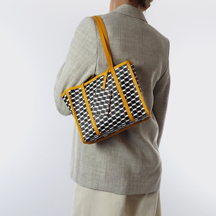 Pierre Hardy MINI CAB TOTE, cube perspective coated canvas and sun lambskin trims, vue 3