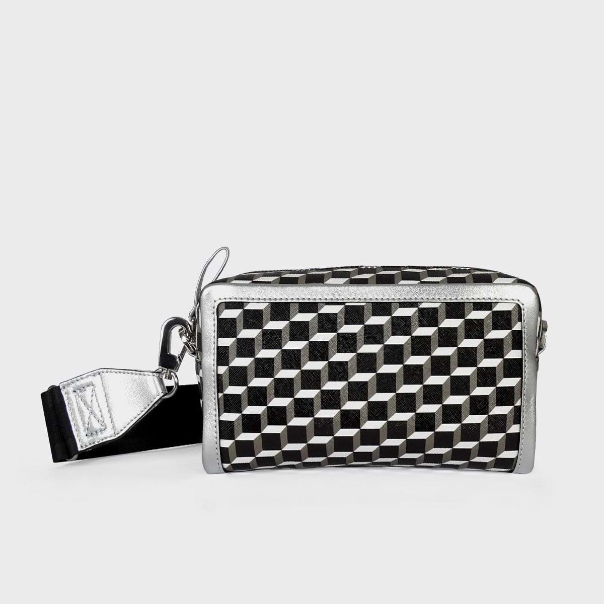 Pierre Hardy SAC MAXI CUBE BOX, toile enduite cube perspective noir & blanc et cuir d'agneau argenté