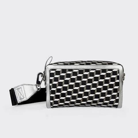 Pierre Hardy SAC MAXI CUBE BOX, toile enduite cube perspective noir & blanc et cuir d'agneau argenté