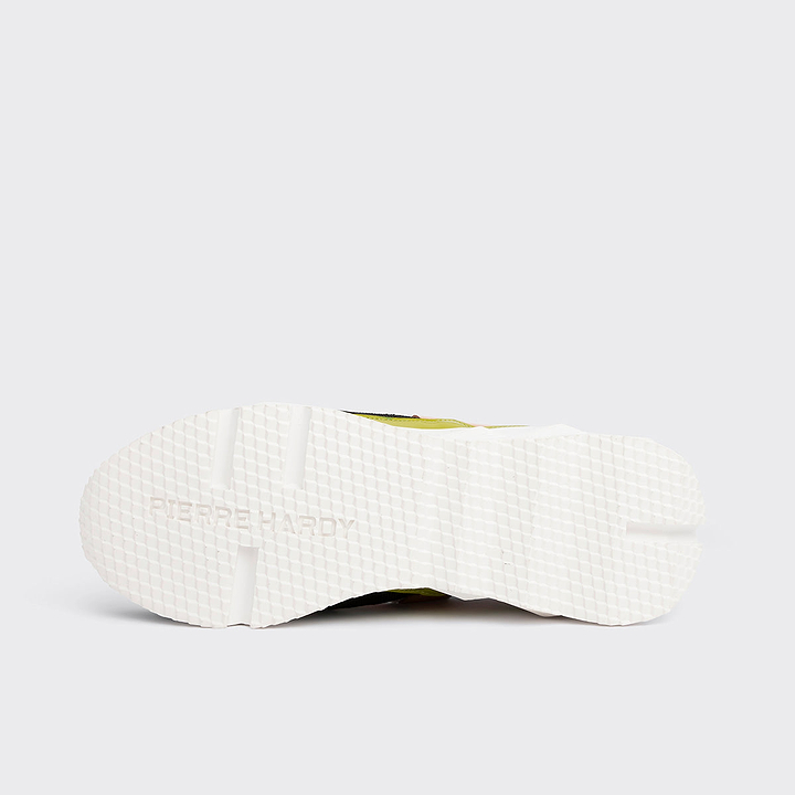 Pierre Hardy BASKETS TREK COMET, toile de nylon noir, cuir de veau velours noir et cuir d'agneau verni vert citron & abricot, vue 6
