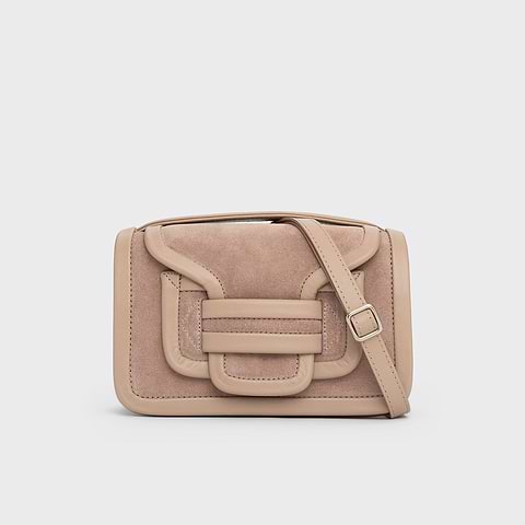 Pierre Hardy SAC À MAIN ALPHA, cuir de veau velours rose poudré et cuir de veau taupe