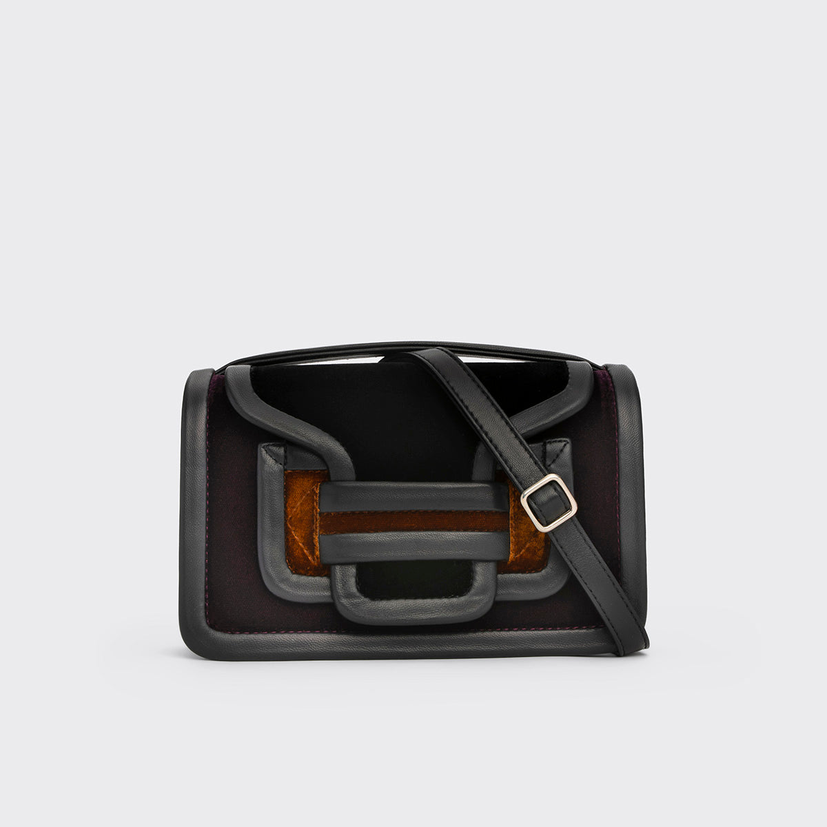 Pierre Hardy SAC À MAIN ALPHA, velours noir, prune & camel et cuir d'agneau noir
