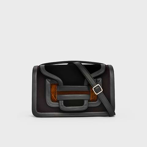 Pierre Hardy SAC À MAIN ALPHA, velours noir, prune & camel et cuir d'agneau noir