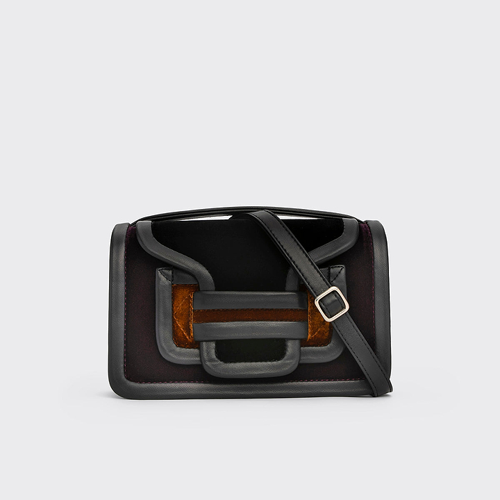 Pierre Hardy SAC À MAIN ALPHA, velours noir, prune & camel et cuir d'agneau noir