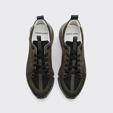 Pierre Hardy BASKETS STREET LIFE, toile de nylon noir, cuir de veau velours kaki et cuir de veau noir & blanc, vue 2