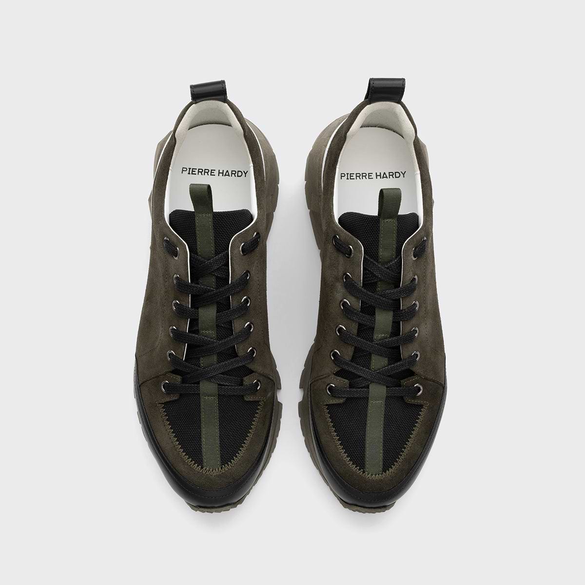 Pierre Hardy BASKETS STREET LIFE, toile de nylon noir, cuir de veau velours kaki et cuir de veau noir & blanc, vue 3