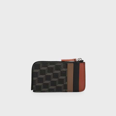 Pierre Hardy PORTE MONNAIE BABYLONE, toile enduite cube perspective noir et cuir de veau noir, camel et rouille