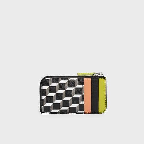 Pierre Hardy PORTE MONNAIE BABYLONE, toile enduite cube perspective, cuir d'agneau vert citron & abricot et cuir de veau noir