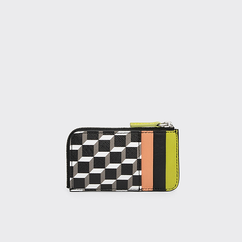 Pierre Hardy PORTE MONNAIE BABYLONE, toile enduite cube perspective, cuir d'agneau vert citron & abricot et cuir de veau noir