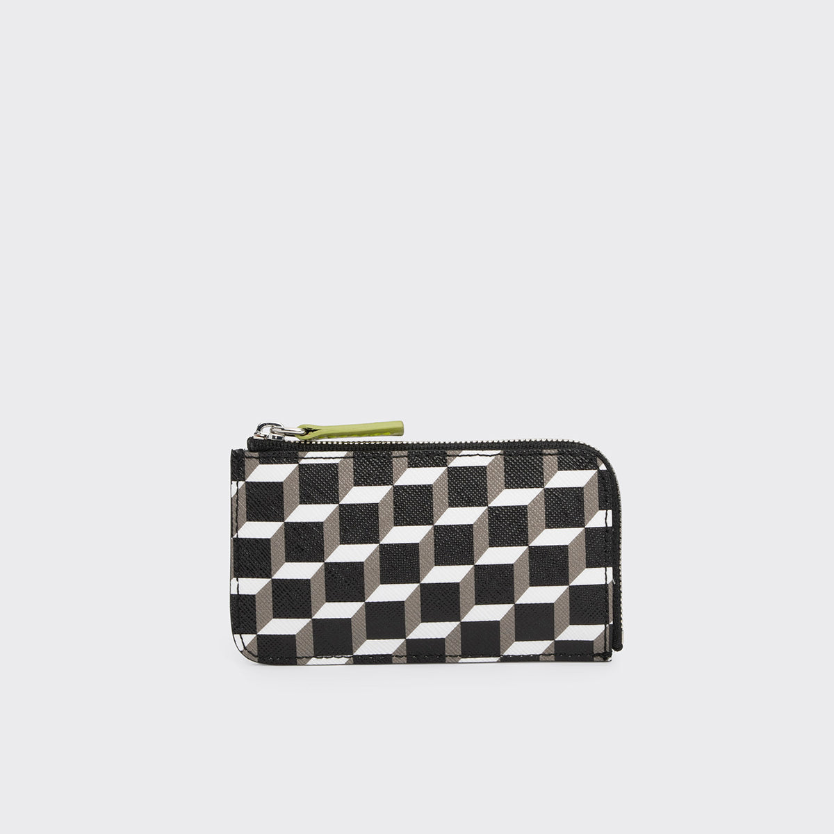 Pierre Hardy PORTE MONNAIE BABYLONE, toile enduite cube perspective, cuir d'agneau vert citron & abricot et cuir de veau noir, vue 3