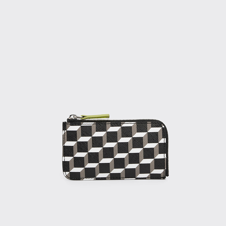Pierre Hardy PORTE MONNAIE BABYLONE, toile enduite cube perspective, cuir d'agneau vert citron & abricot et cuir de veau noir, vue 3