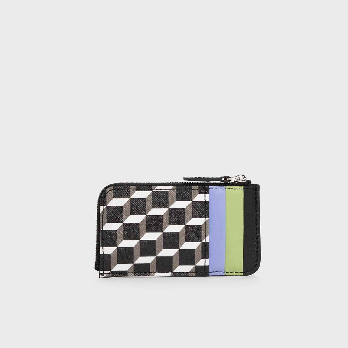 Pierre Hardy PORTE MONNAIE BABYLONE, toile enduite cube perspective et cuir d'agneau lilas & anis