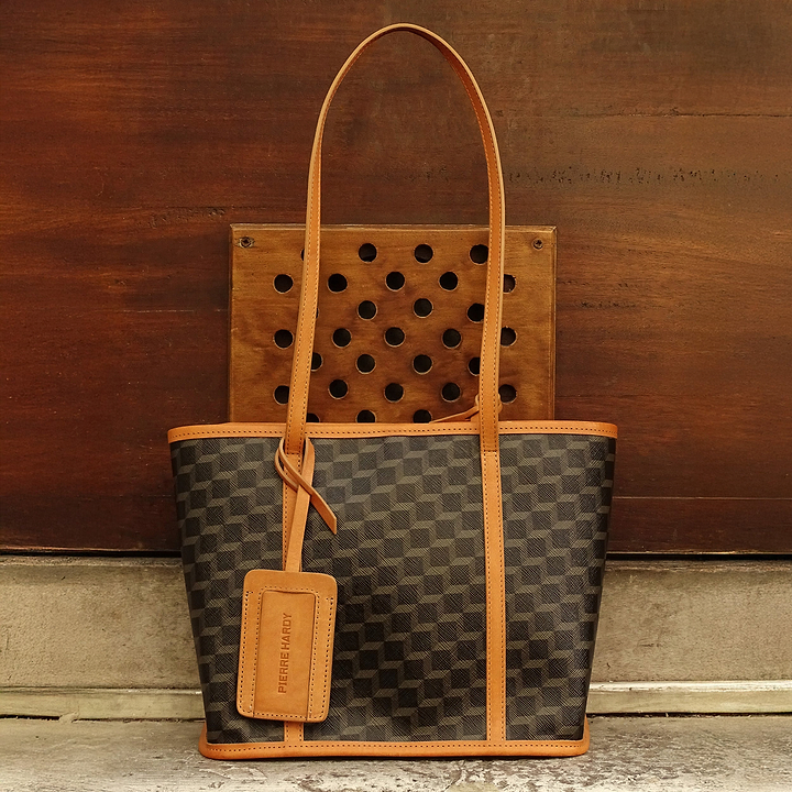 Pierre Hardy MINI CABAS CAB, toile enduite cube perspective noir et ganses en cuir de veau naturel, vue 5