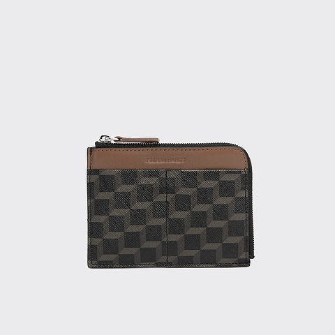 Pierre Hardy PORTE MONNAIE VALOIS, toile enduite cube perspective noir et cuir de veau camel