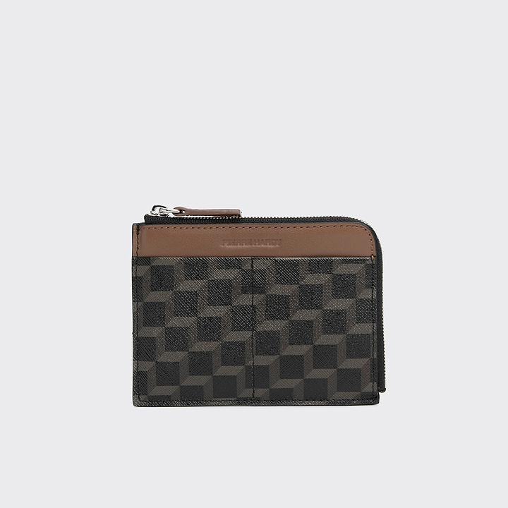 Pierre Hardy PORTE MONNAIE VALOIS, toile enduite cube perspective noir et cuir de veau camel