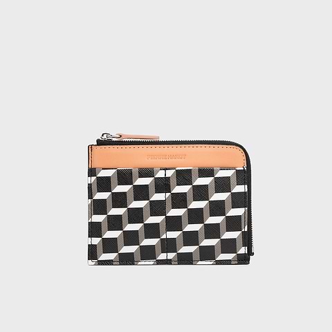 Pierre Hardy PORTE MONNAIE VALOIS, toile enduite cube perspective et cuir d'agneau abricot