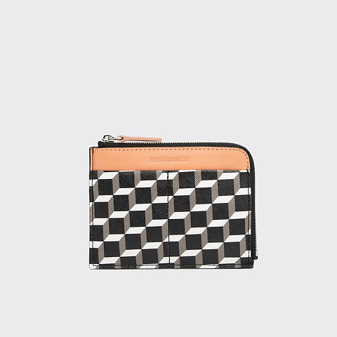 Pierre Hardy PORTE MONNAIE VALOIS, toile enduite cube perspective et cuir d'agneau abricot