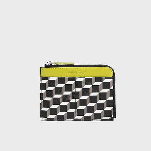 Pierre Hardy PORTE MONNAIE VALOIS, toile enduite cube perspective et cuir d'agneau vert citron