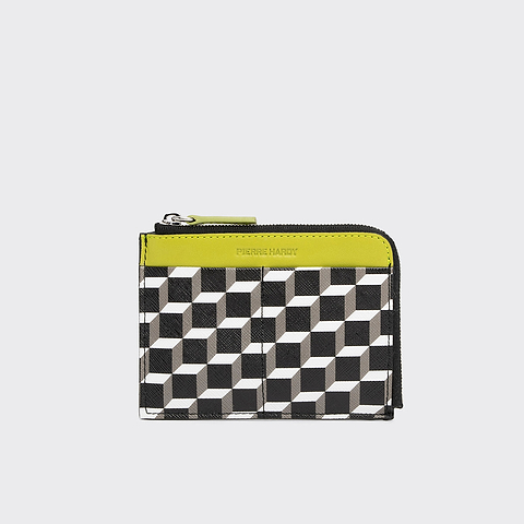 Pierre Hardy PORTE MONNAIE VALOIS, toile enduite cube perspective et cuir d'agneau vert citron