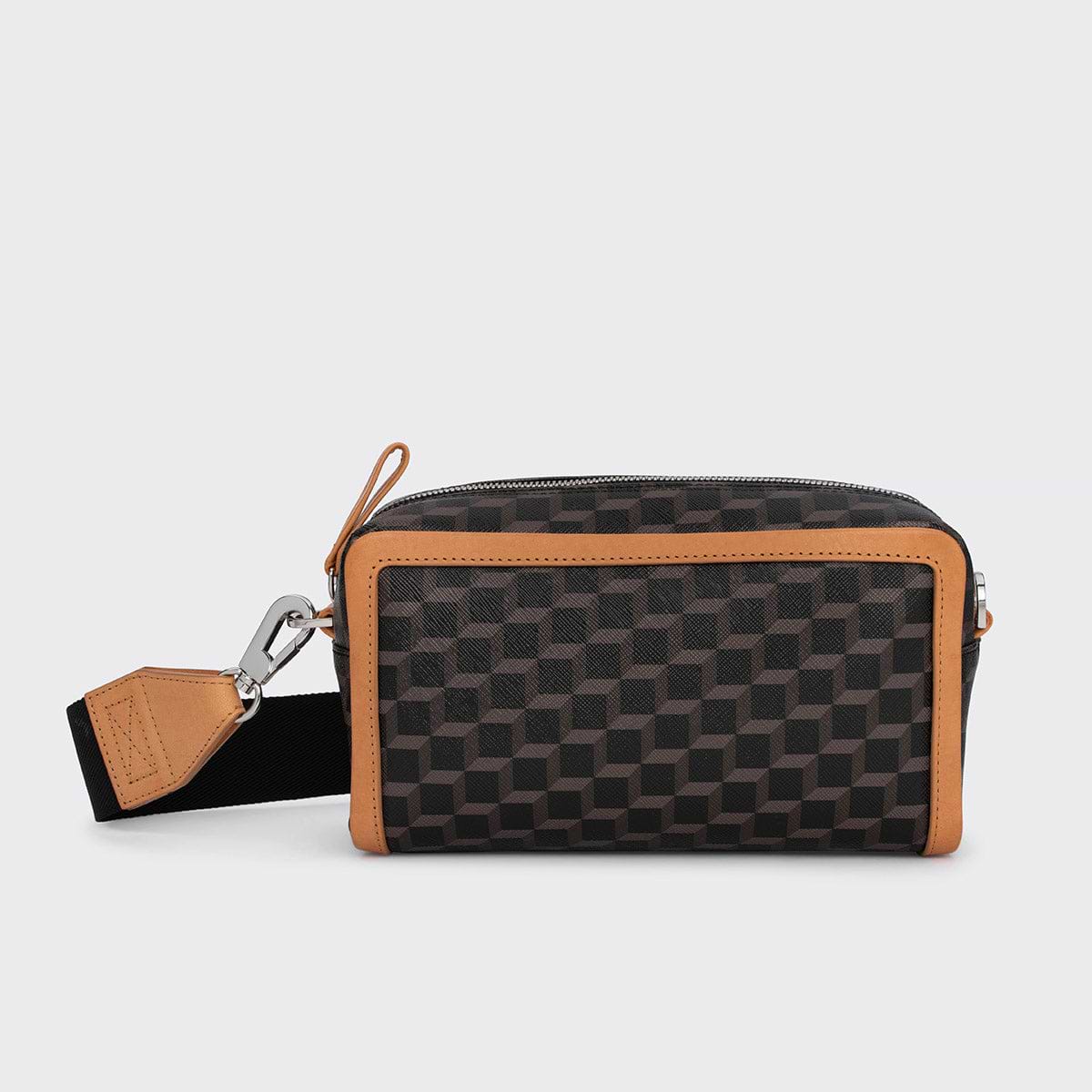Pierre Hardy SAC MAXI CUBE BOX, toile enduite cube perspective noir et ganses en cuir de veau naturel