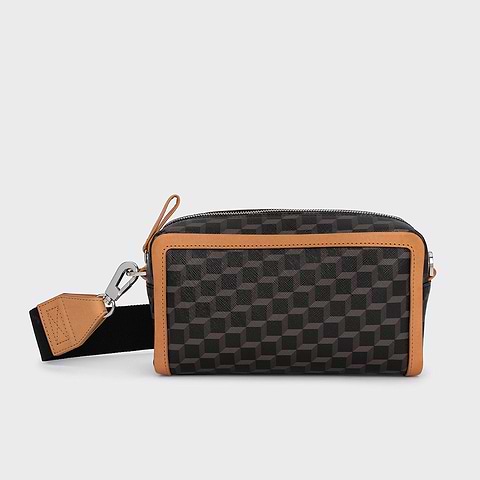 Pierre Hardy SAC MAXI CUBE BOX, toile enduite cube perspective noir et ganses en cuir de veau naturel