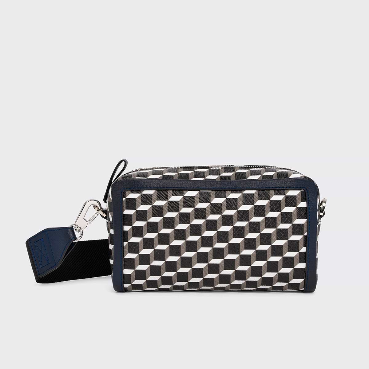 Pierre Hardy MAXI CUBE BOX BAG, cube perspective coated canvas and navy grained calfskin