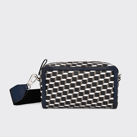 Pierre Hardy MAXI CUBE BOX BAG, cube perspective coated canvas and navy grained calfskin