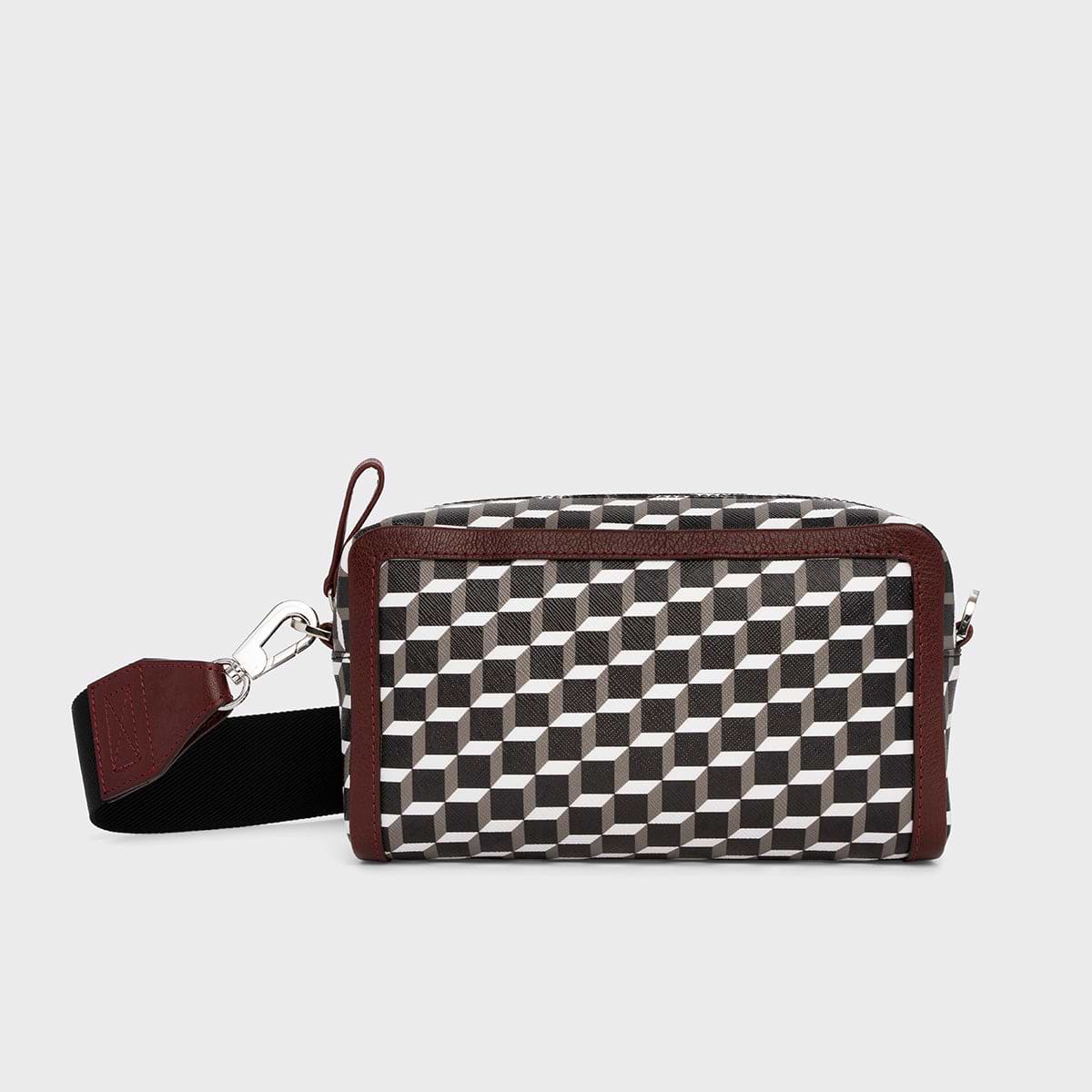 Pierre Hardy MAXI CUBE BOX BAG, cube perspective coated canvas and burgundy grained kidskin