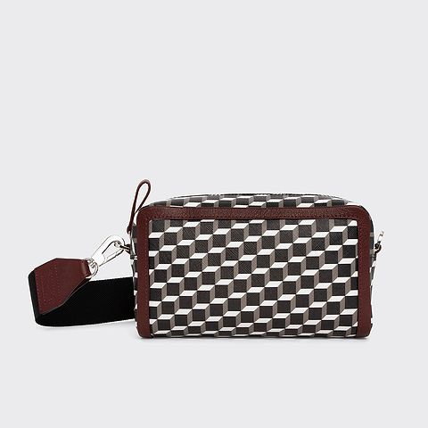 Pierre Hardy MAXI CUBE BOX BAG, cube perspective coated canvas and burgundy grained kidskin