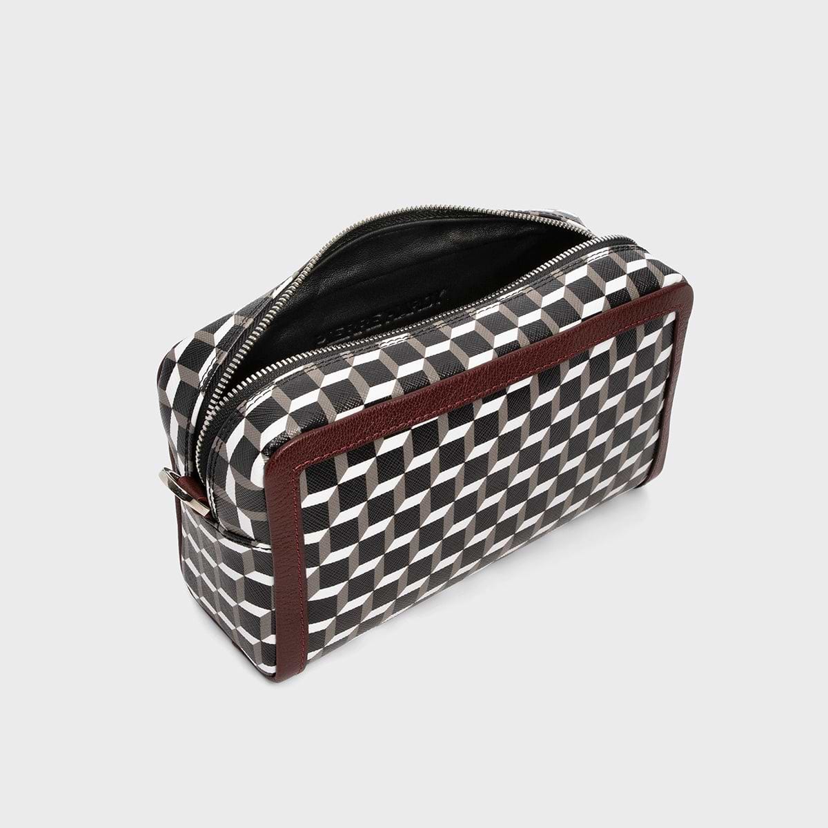 Pierre Hardy MAXI CUBE BOX BAG, cube perspective coated canvas and burgundy grained kidskin, vue 3