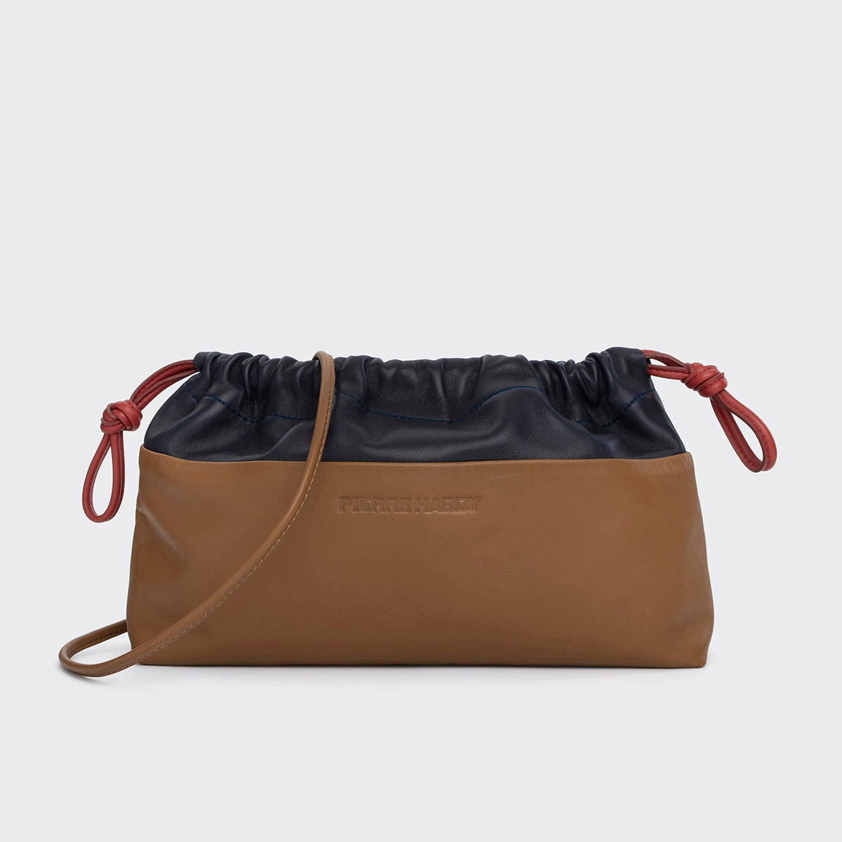 Pierre Hardy POCHETTE TWIN, cuir d'agneau camel et bleu marine
