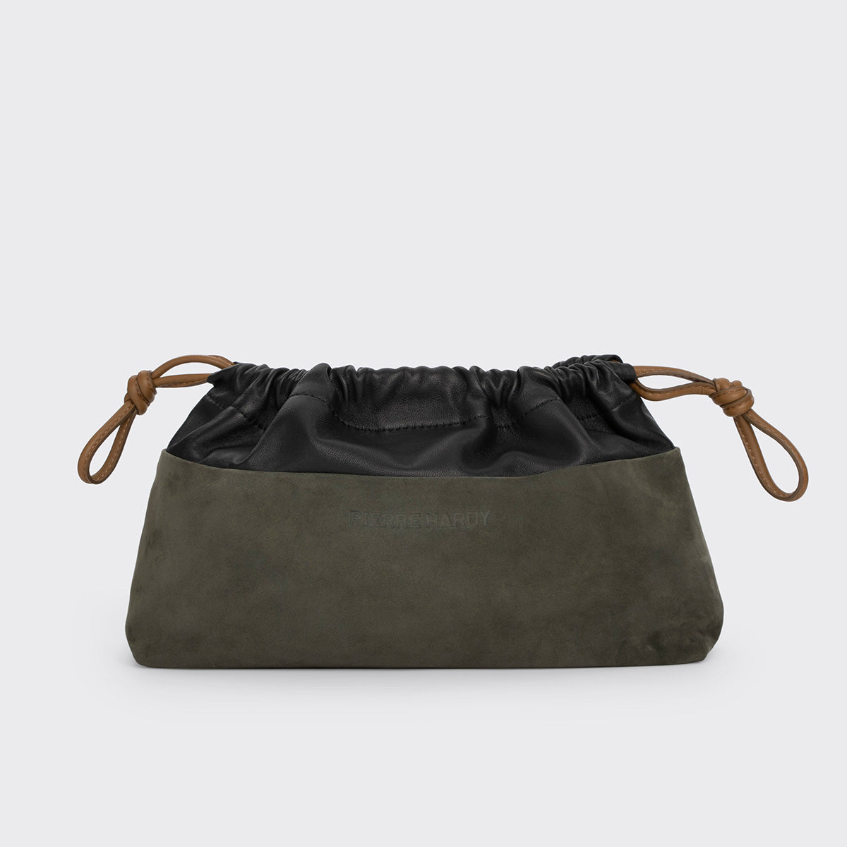 Pierre Hardy POCHETTE TWIN, cuir de chevreau velours kaki et cuir d'agneau noir, vue 5