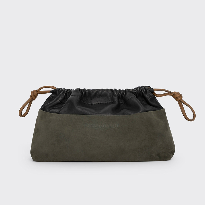 Pierre Hardy POCHETTE TWIN, cuir de chevreau velours kaki et cuir d'agneau noir, vue 5