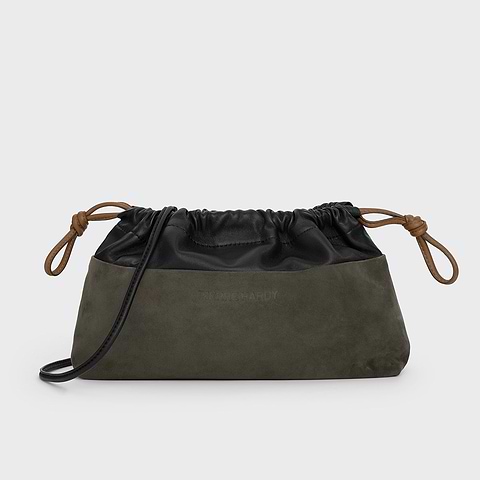 Pierre Hardy POCHETTE TWIN, cuir de chevreau velours kaki et cuir d'agneau noir
