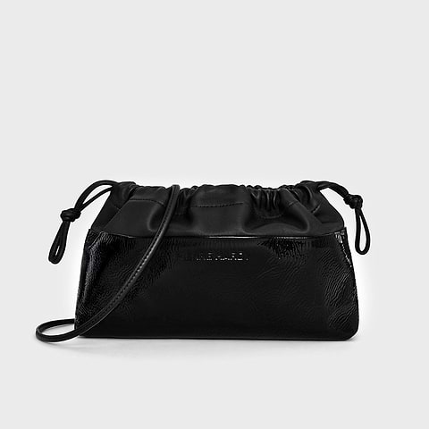 Pierre Hardy POCHETTE TWIN, cuir de chevreau verni noir et cuir d'agneau noir