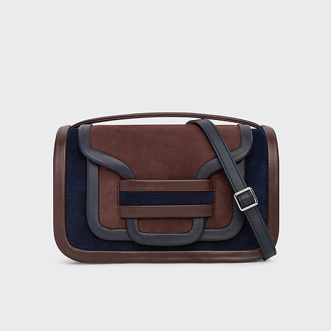 Pierre Hardy SAC À MAIN ALPHA MAXI, cuir de chevreau velours et cuir d'agneau bleu marine & marron