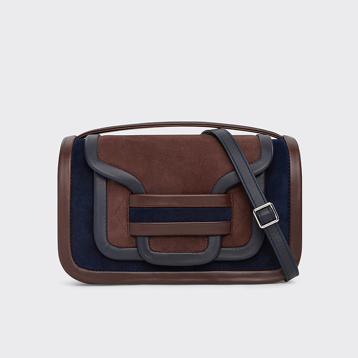 Pierre Hardy SAC À MAIN ALPHA MAXI, cuir de chevreau velours et cuir d'agneau bleu marine & marron