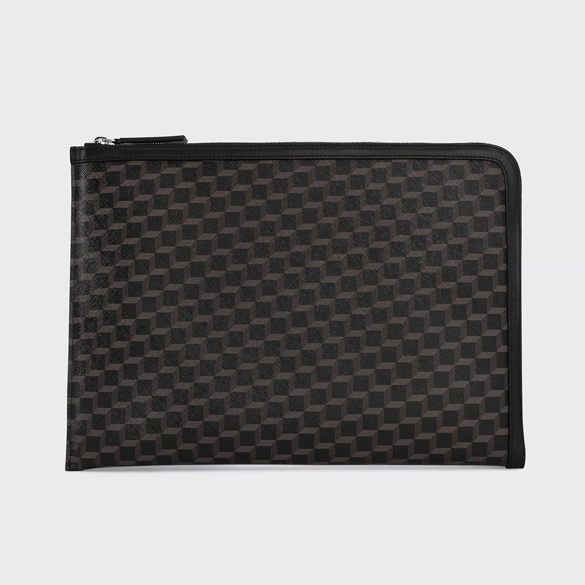 Pierre Hardy POCHETTE ORDINATEUR, toile enduite cube perspective noir et cuir de veau noir