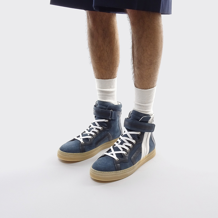 Pierre Hardy 112 HIGH-TOP SNEAKERS, denim blue suede calfskin and white & navy blue calfskin, view 5